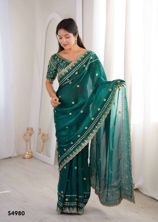 Fendy Satin Embroidered Saree with Unstitched Blouse