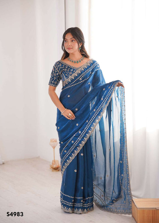 Fendy Satin Embroidered Saree with Unstitched Blouse