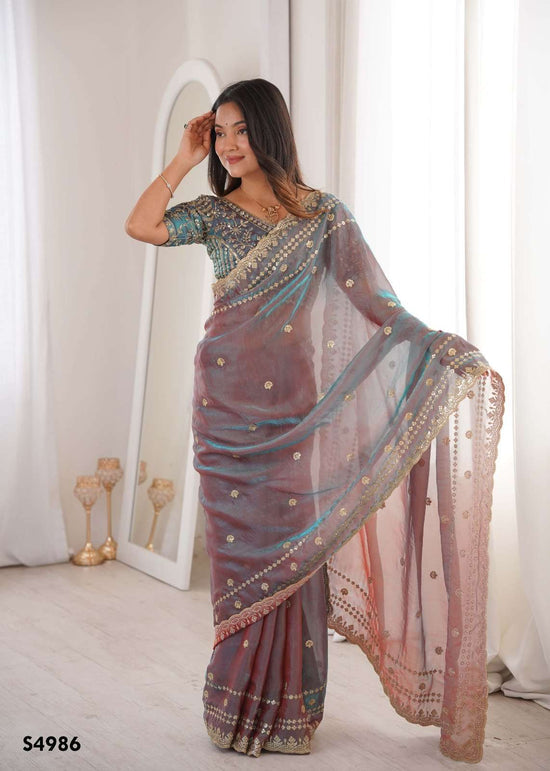 Fendy Satin Embroidered Saree with Unstitched Blouse