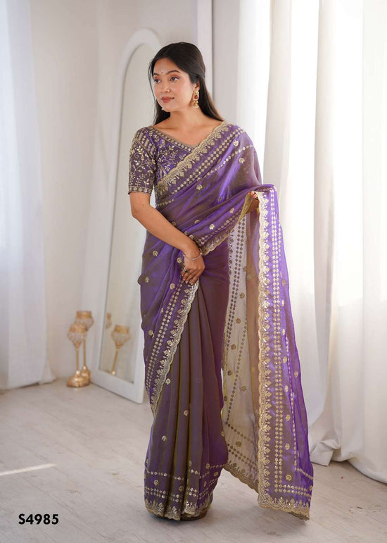 Fendy Satin Embroidered Saree with Unstitched Blouse