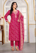 Rayon Embroidered Kurti Pant Dupatta Set with Printed Dupatta