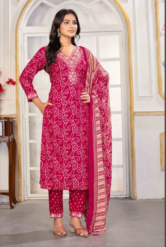 Rayon Embroidered Kurti Pant Dupatta Set with Printed Dupatta