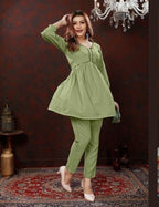 Olive Green Cotton Handworked Co-Ord Set for Women