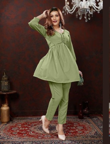 Olive Green Cotton Handworked Co-Ord Set for Women