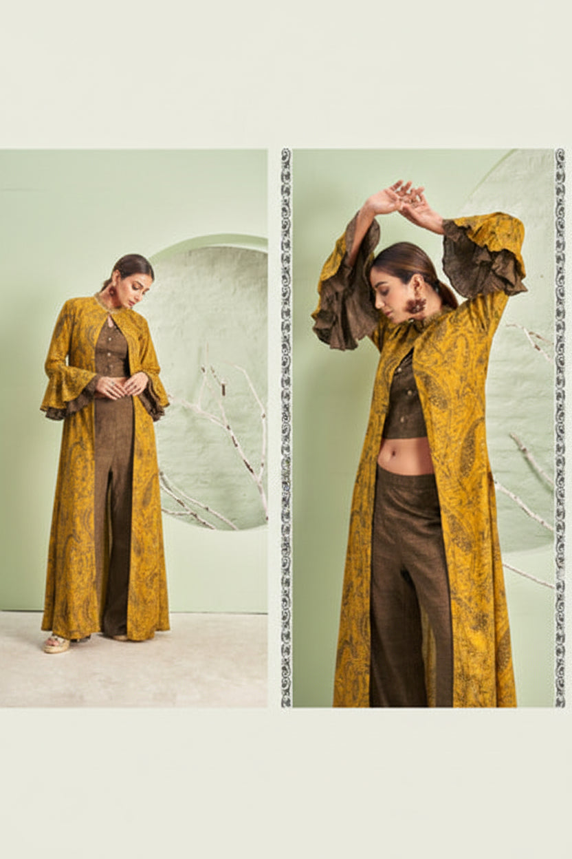 Woman in mustard yellow and brown outfit posing against a light green wall.