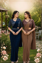 Two women standing outdoors in a garden setting, wearing traditional Indian sarees. The woman on the left wears a navy blue saree with a dark blue embroidered blouse, and the woman on the right wears a brown saree with a brown embroidered blouse.