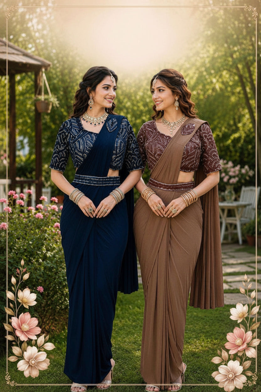 Two women standing outdoors in a garden setting, wearing traditional Indian sarees. The woman on the left wears a navy blue saree with a dark blue embroidered blouse, and the woman on the right wears a brown saree with a brown embroidered blouse.