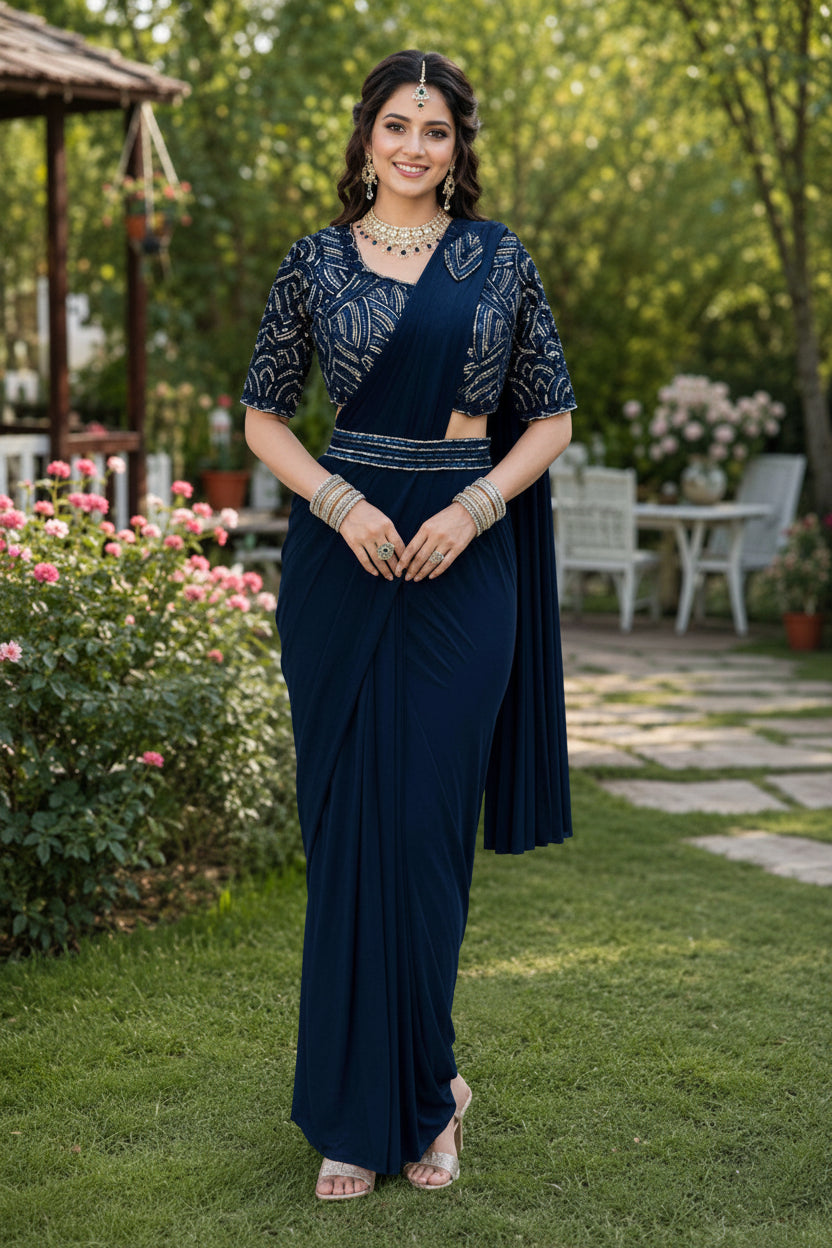 A woman stands outdoors on a grassy garden path wearing a dark navy blue traditional outfit with an embroidered blouse and draped skirt. The background shows green foliage, flowers, and patio furniture.
