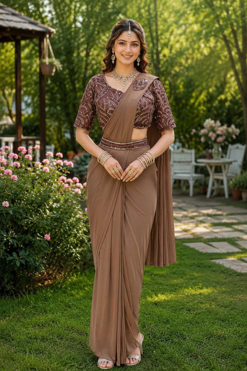 A woman stands outdoors in a garden wearing a brown traditional sari with a heavily embroidered dark brown blouse. The setting features green grass, trees, and patio furniture in the background.