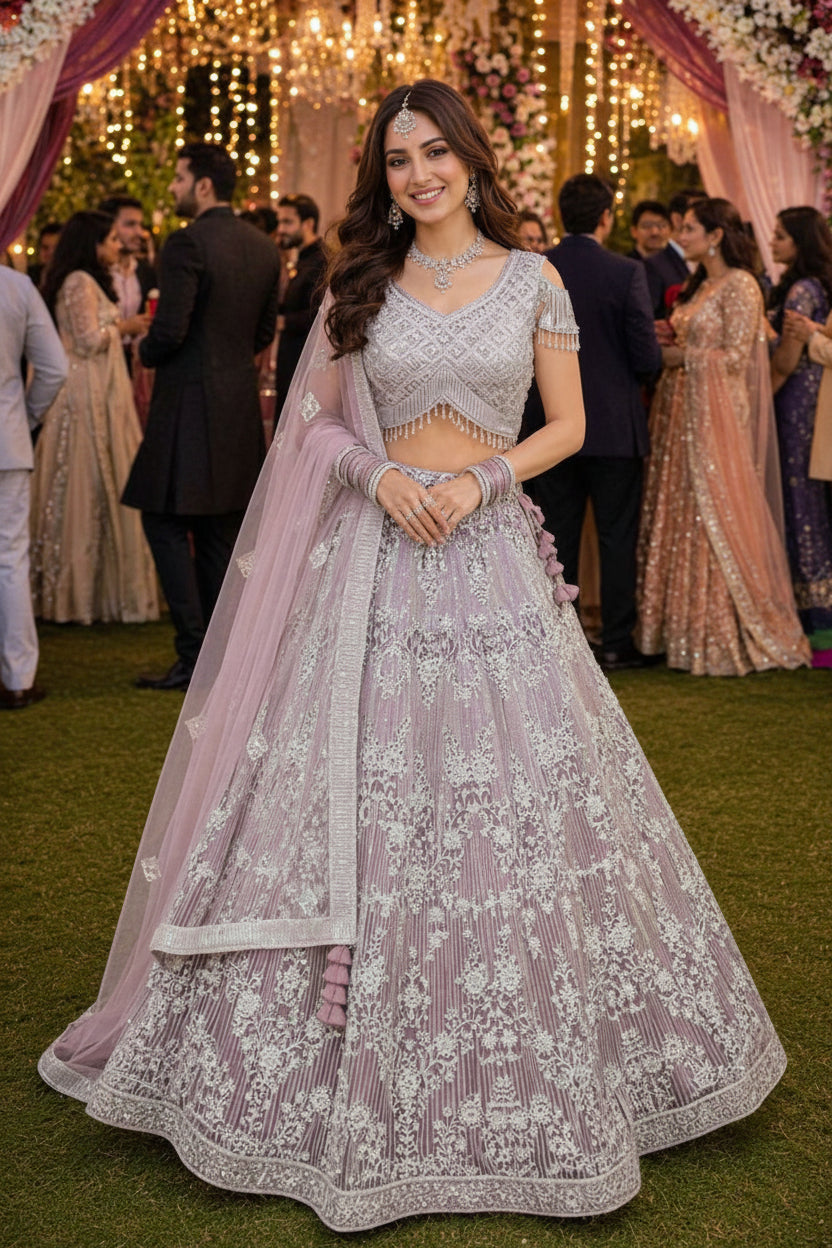 Woman in a traditional embroidered outfit at a festive event with decorations and people in the background.