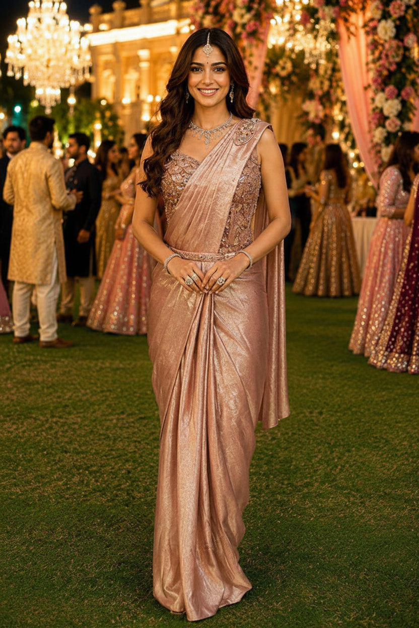Sandwash Satin Heavy Work Ready-to-Wear Saree with Stitched Blouse