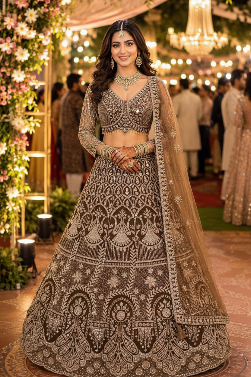 Dahleez Premium Net Heavy Beads Work Bridal Lehenga with Cancan