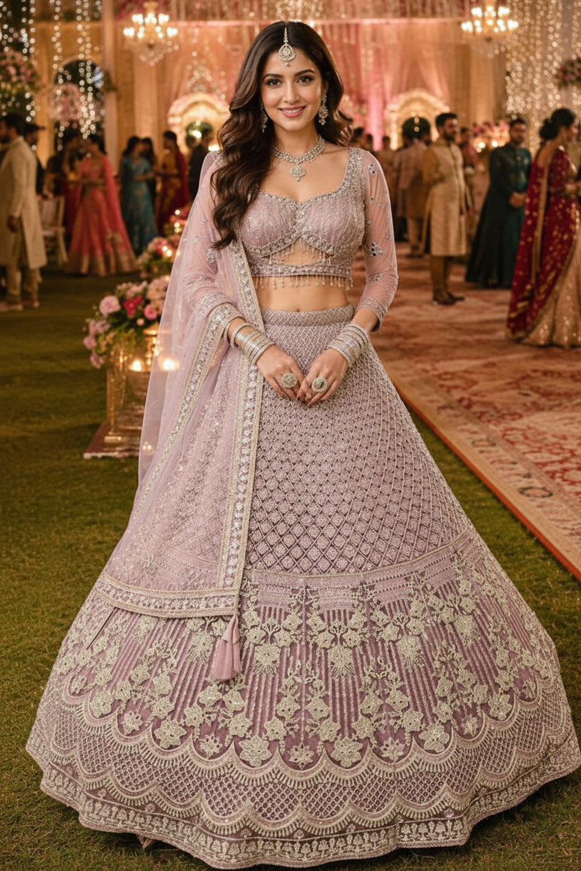 Premium Net Heavy Thread Embroidered Bridal Lehenga with Dupatta