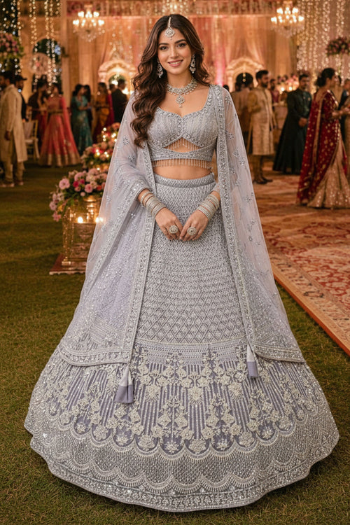 Premium Net Heavy Thread Embroidered Bridal Lehenga with Dupatta