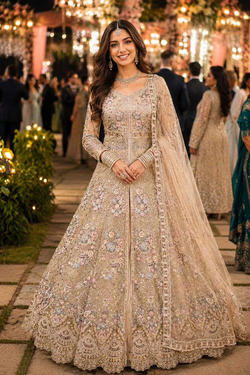 Woman in an embroidered traditional outfit at a festive event
