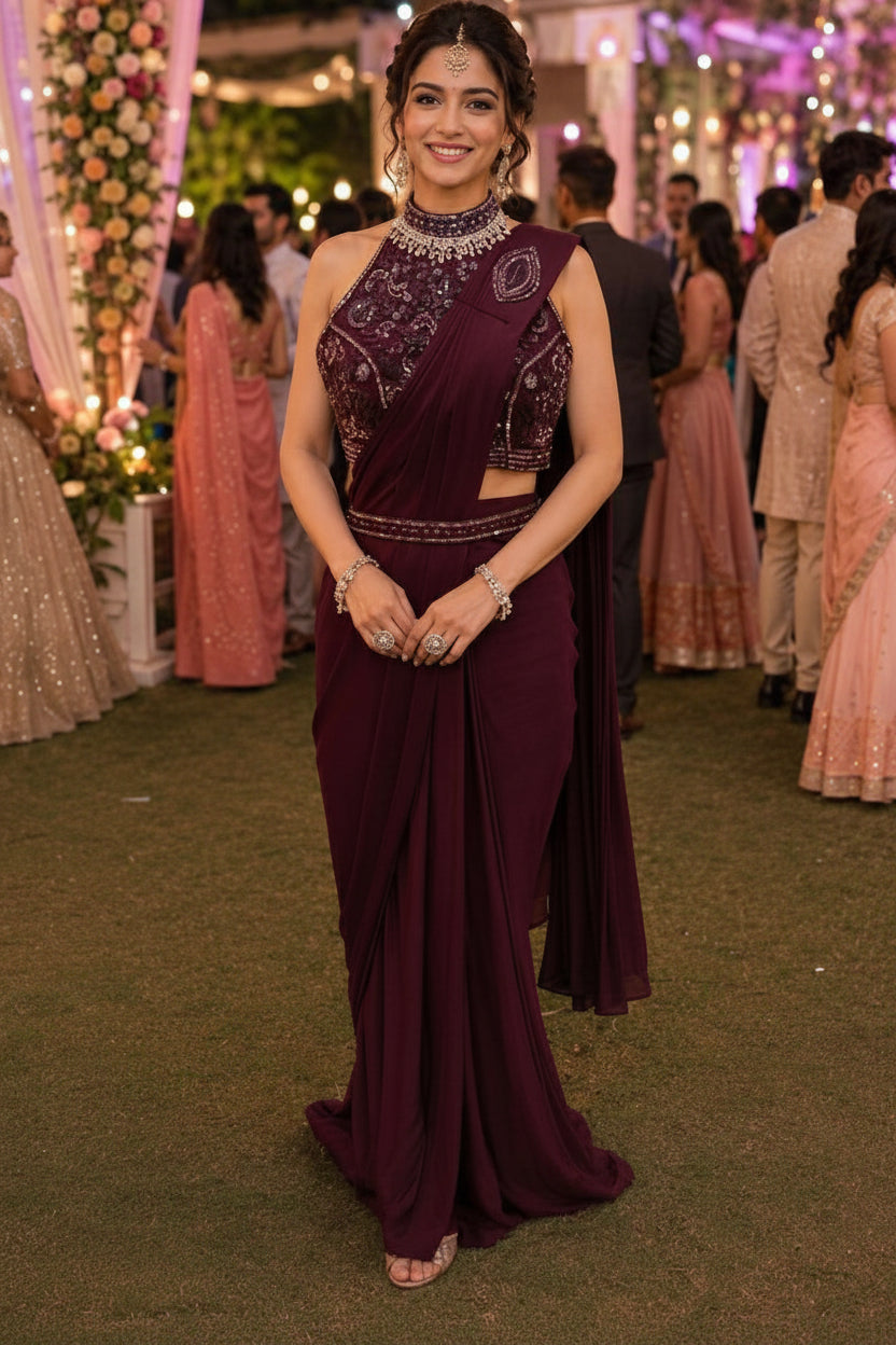 Elina Premium Lycra Embroidered Ready-to-Wear Saree for Reception & Wedding