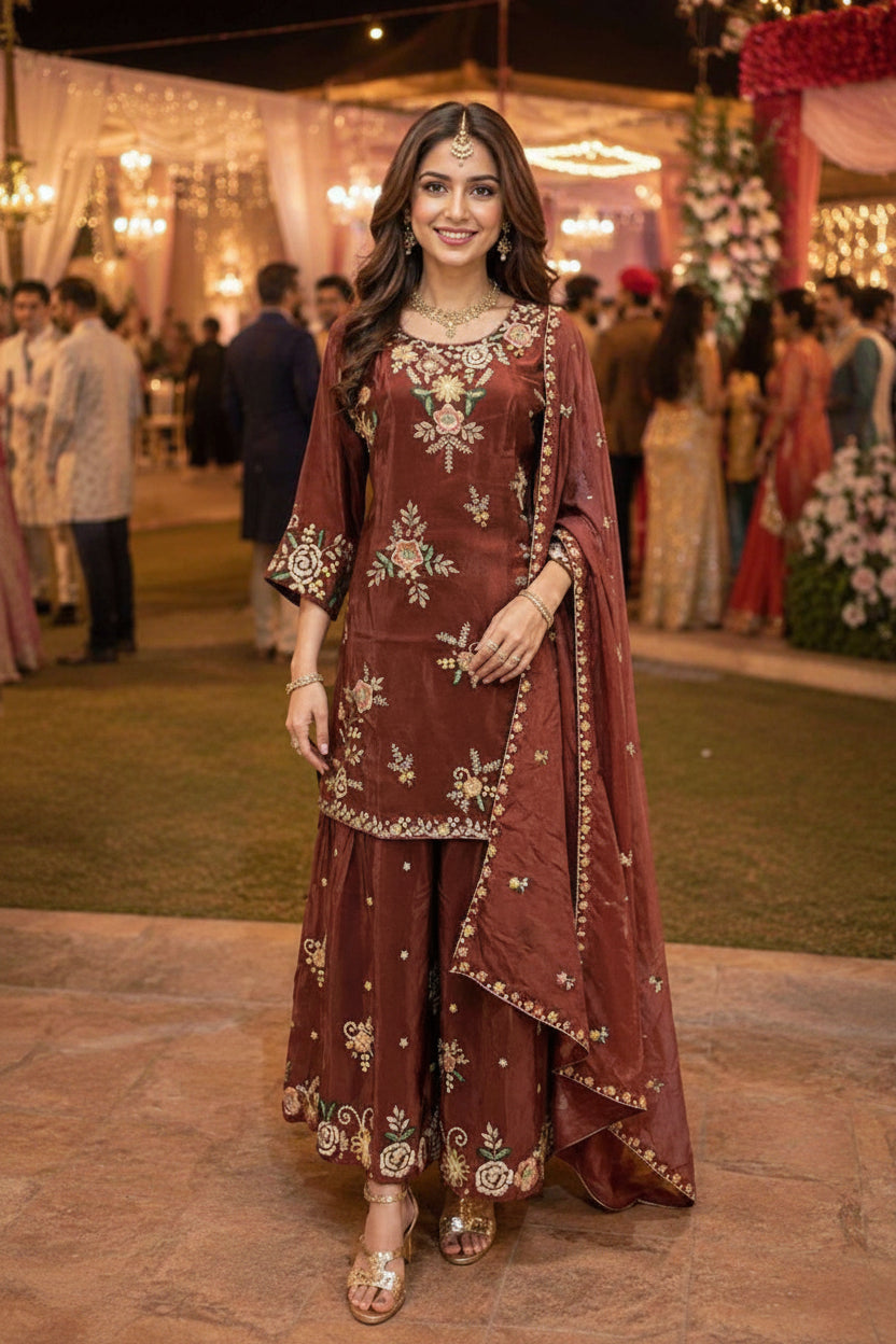 Viscose Crepe Heavy Embroidered Sharara Suit Set with Dupatta