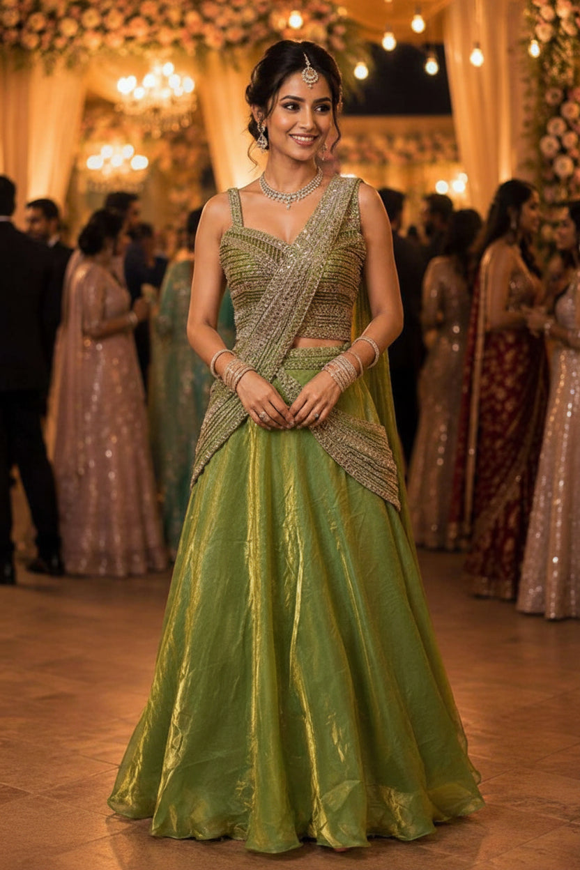 Woman in a green traditional outfit with intricate details at an event.