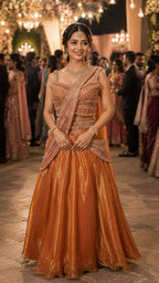 Woman in an orange traditional outfit with intricate designs at a formal event.