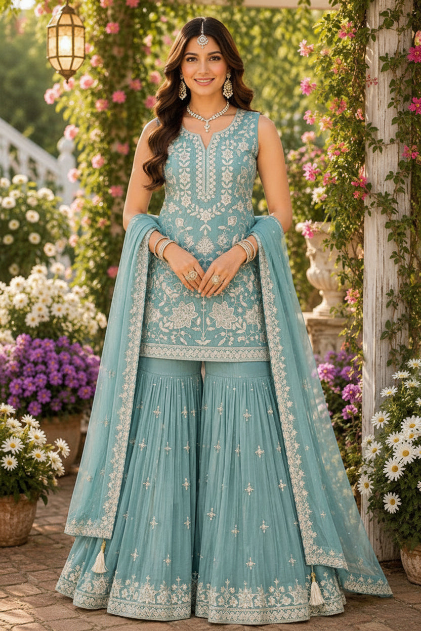 Woman in a light blue traditional outfit with floral decorations and flowers in the background