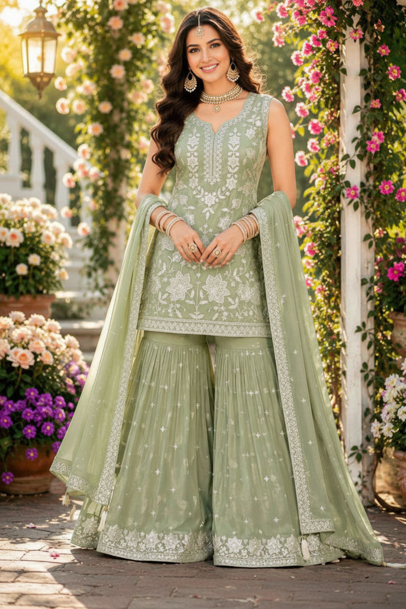 Woman in a light green traditional outfit with floral decorations in the background