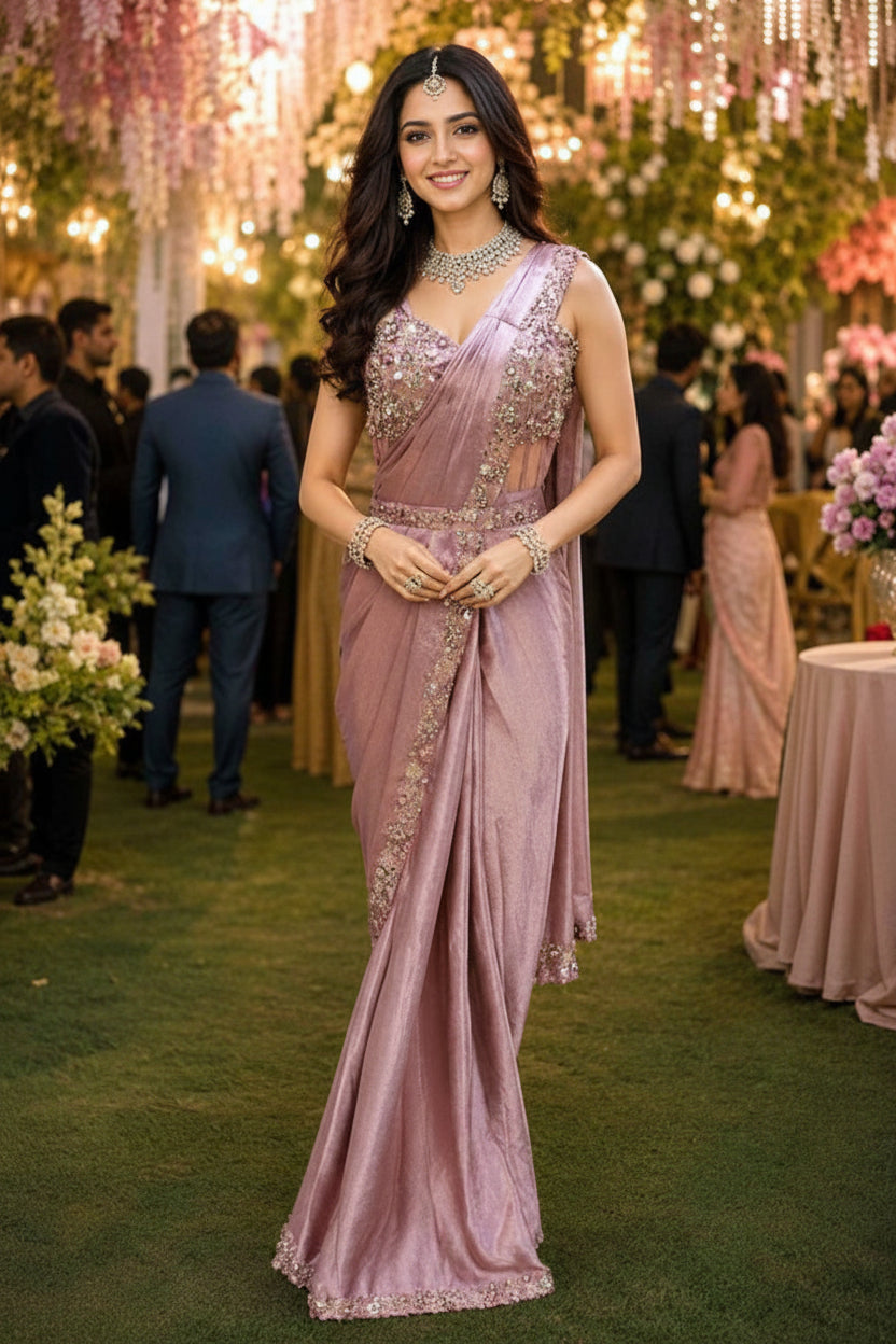 Mrudangi Harshita Satin Crush Heavy Work Ready To Wear Saree