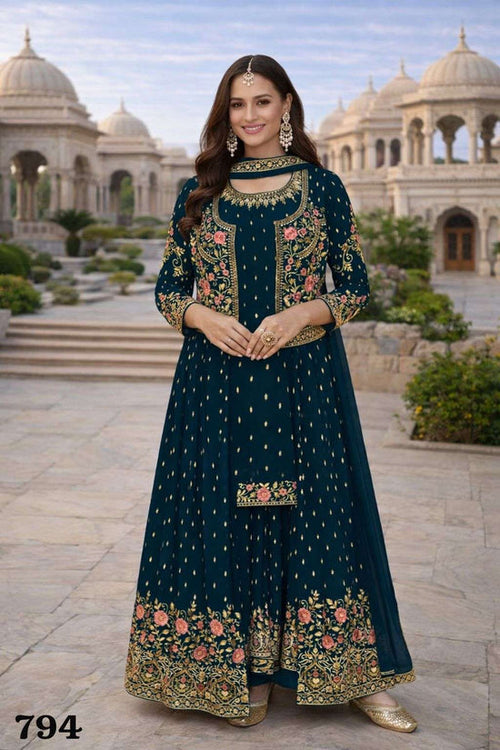 Chinon Silk Heavy Embroidered Wedding Gown with Jacket & Belt