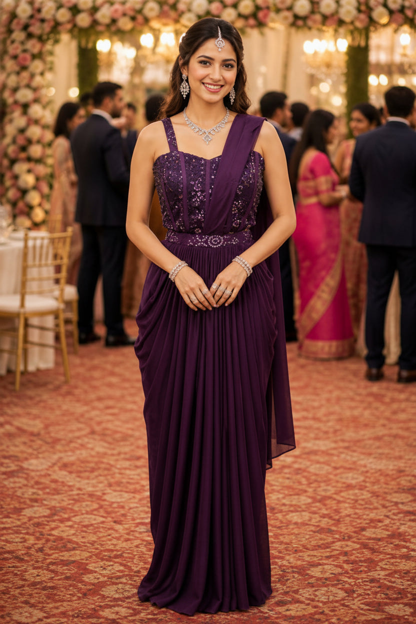 Lycra Embroidered Gown-Style Ready-to-Wear Saree