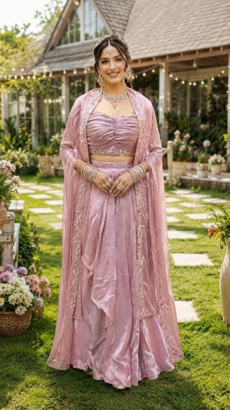 Woman in a pink traditional outfit standing outdoors with greenery and flowers around.