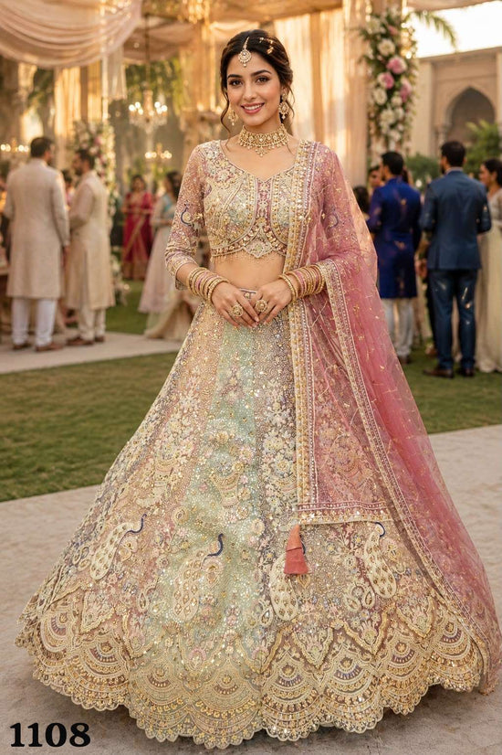 Premium Net Heavy Resham Embroidered Bridal Lehenga Set