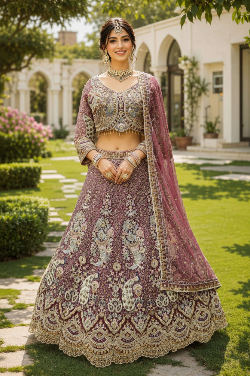 Woman in a traditional embroidered outfit standing outdoors with greenery and a building in the background.