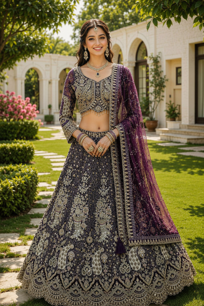 Woman in traditional embroidered outfit standing outdoors with a building and garden in the background