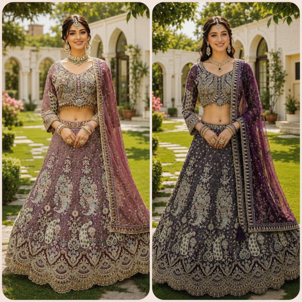 Two images of a woman in a traditional outfit with 'Mrudangi' branding on a decorative background.