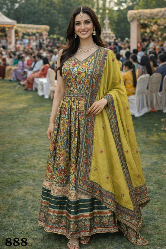 Dola Silk Printed Ethnic Gown with Chinon Dupatta