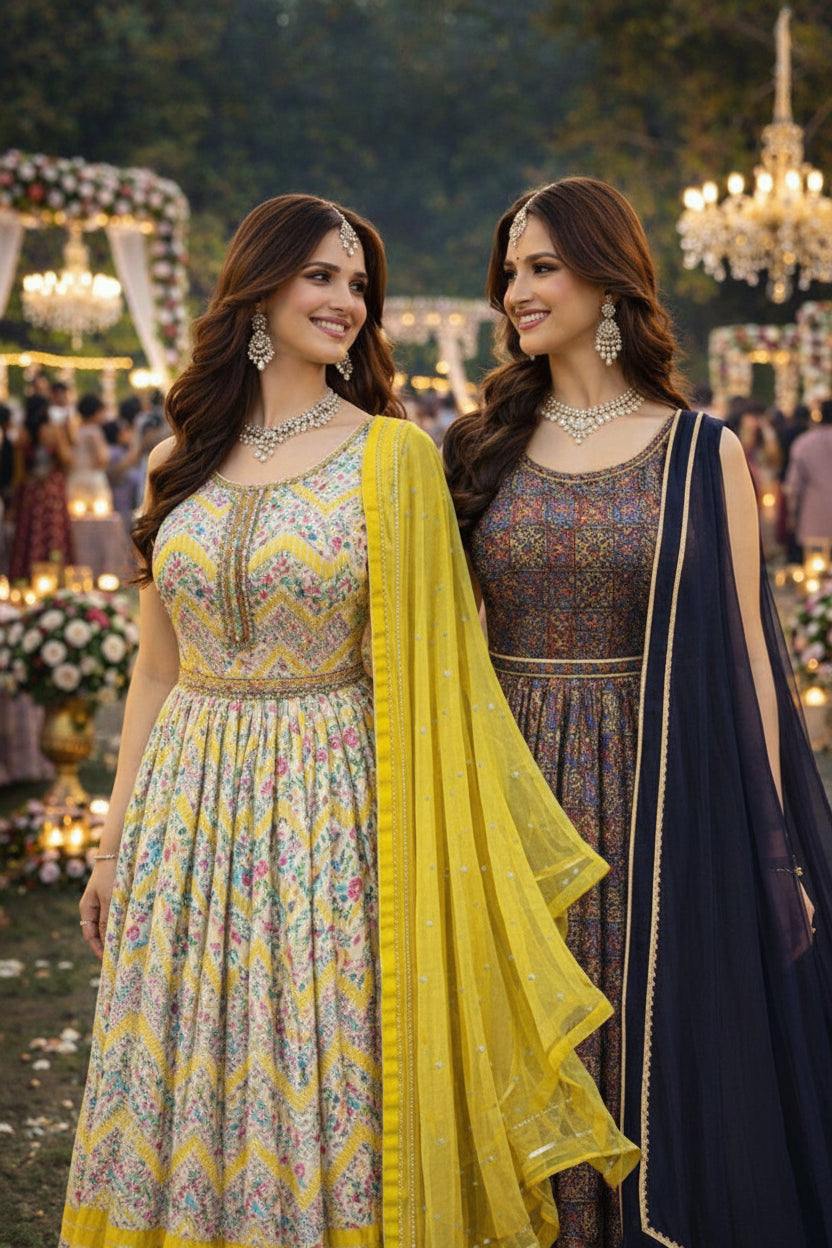Dola Silk Printed Ethnic Gown with Dola Silk Dupatta