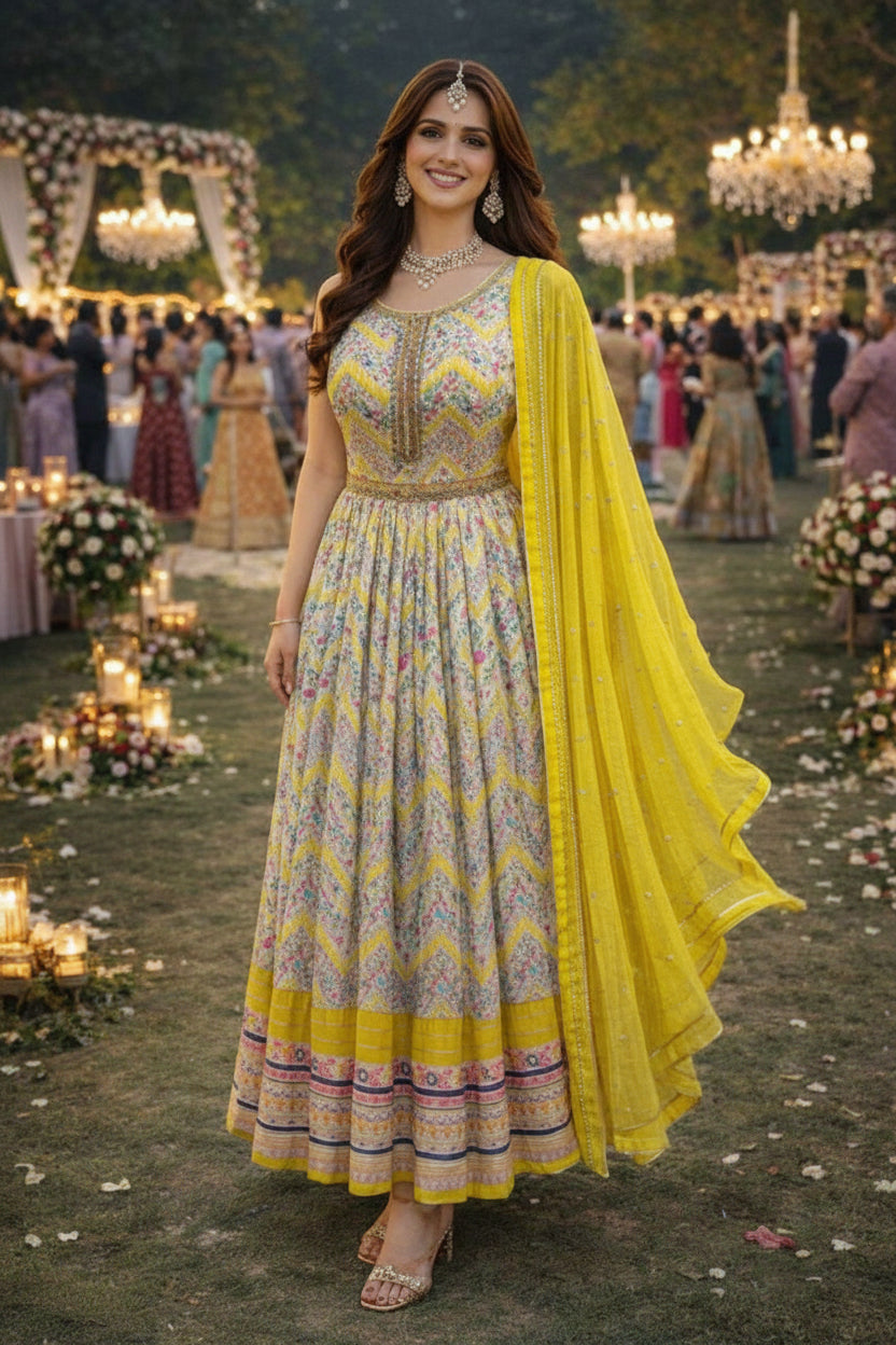 Dola Silk Printed Ethnic Gown with Dola Silk Dupatta