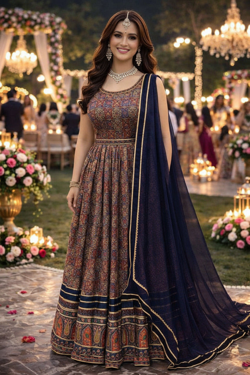 Dola Silk Printed Ethnic Gown with Dola Silk Dupatta