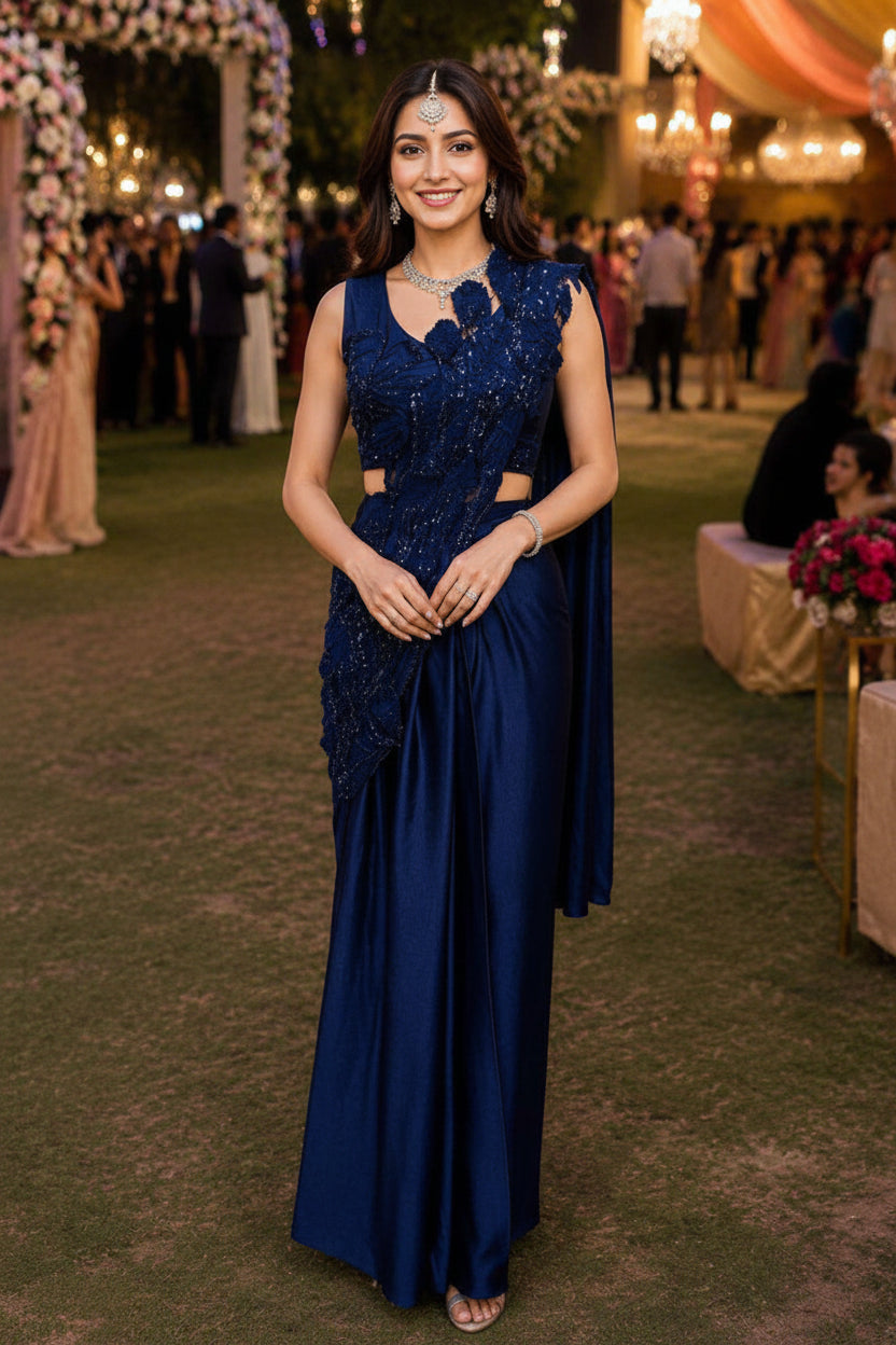Woman in a blue saree at an outdoor event with decorations and people in the background