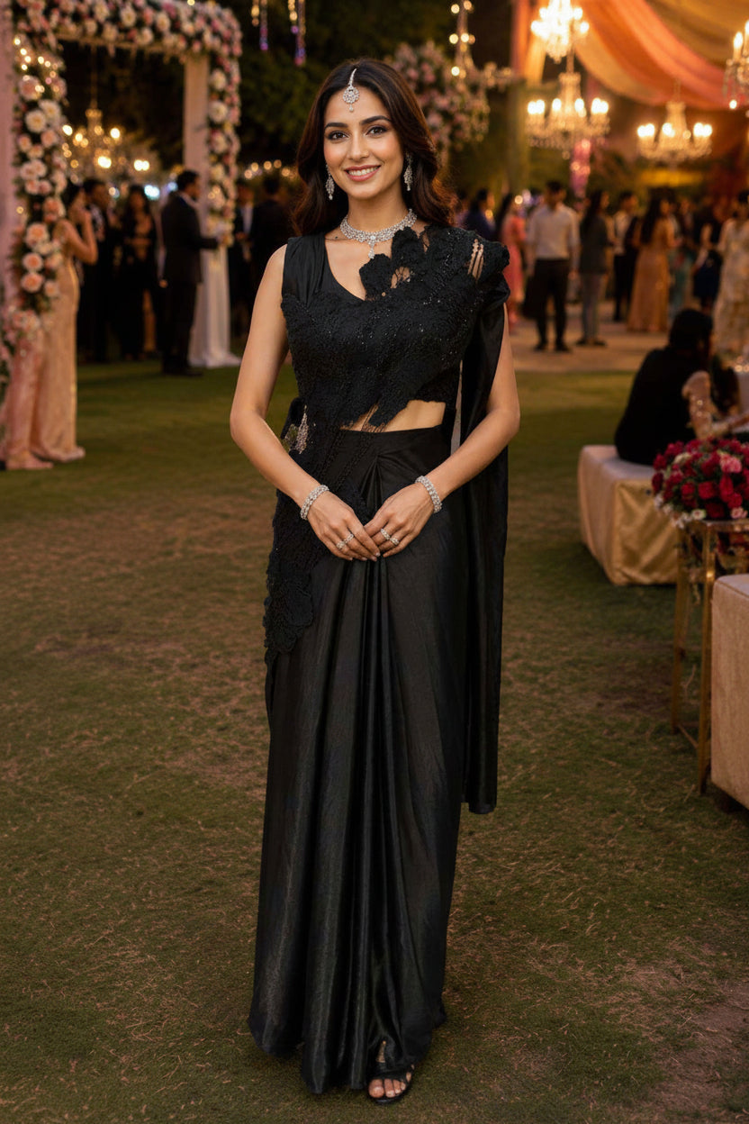 Satin Crush Heavy Work Ready-to-Wear Saree with Stitched Blouse