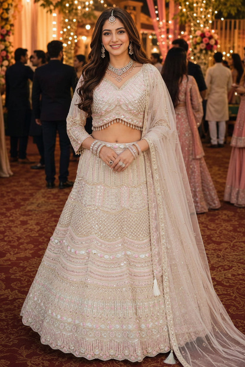 Premium Net Heavy Beadwork Embroidered Bridal Lehenga Choli with Dupatta