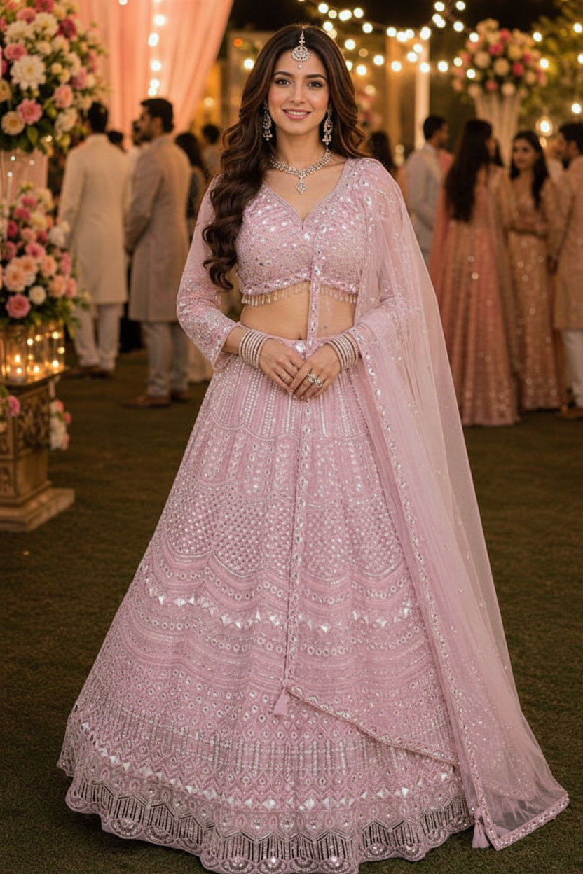 Woman in a pink traditional outfit at a festive event with floral decorations and people in the background.