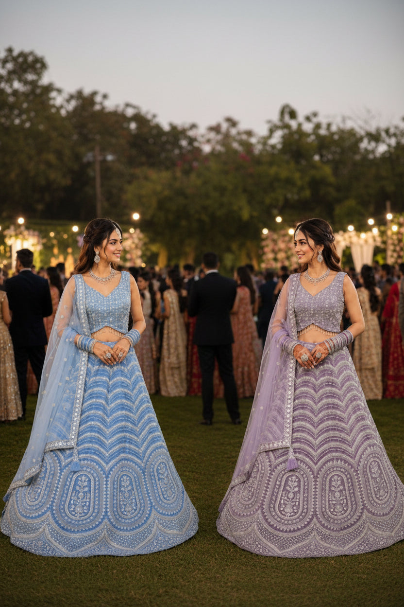 Two women in traditional outfits with 'Viloshni' branding and a blurred event background.