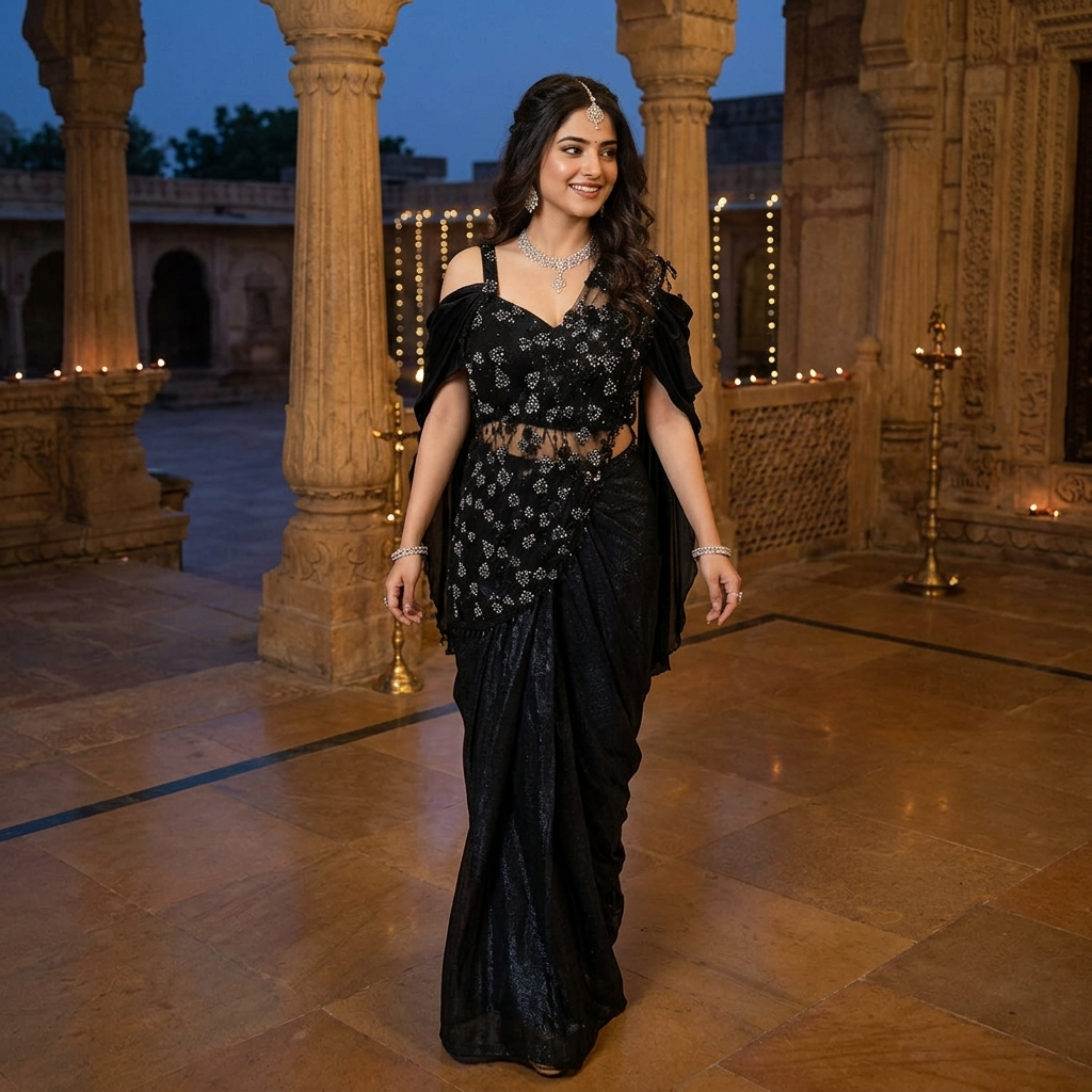 A woman wearing a black off-the-shoulder saree with intricate silver floral embroidery on the bodice and waist, walking in a grand, warmly lit stone pavilion with pillars.
