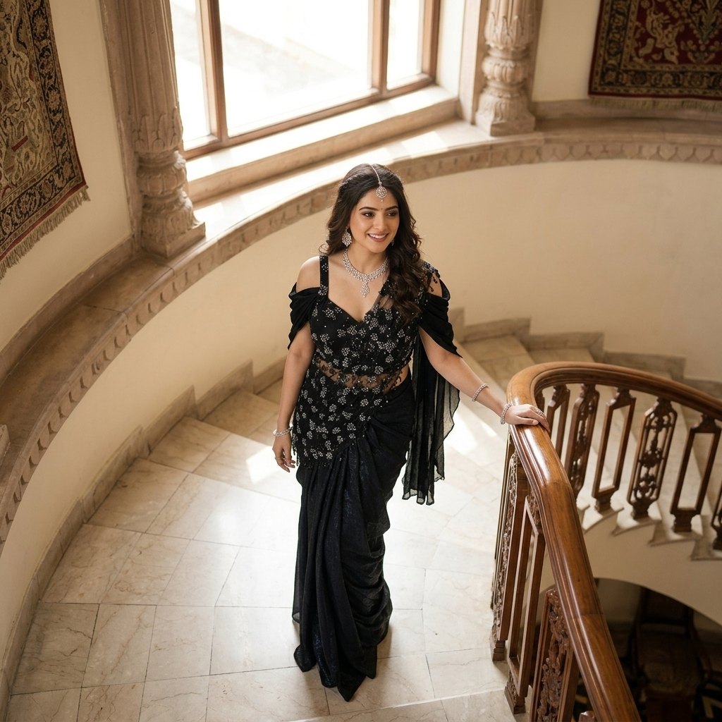 A woman wearing a black floral sari stands on a stone staircase landing, holding onto a wooden handrail in an elegant indoor setting.