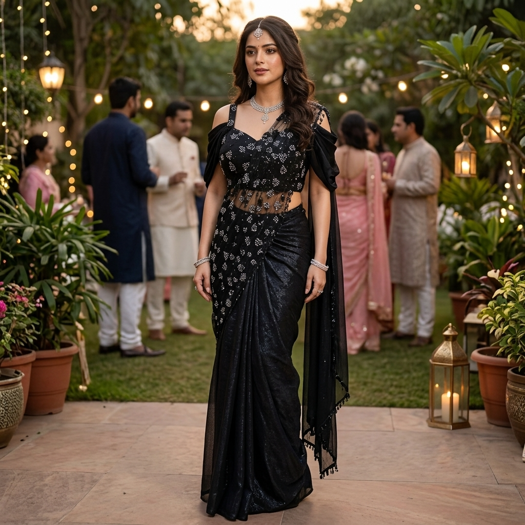 A woman stands outdoors at a garden event wearing a black embellished saree with a matching off-the-shoulder blouse. Guests in formal wear and string lights are visible in the background.