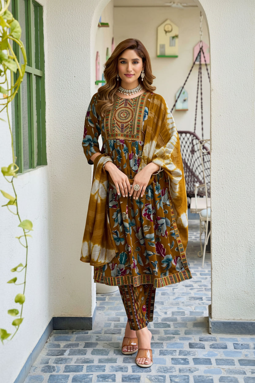 Woman wearing a patterned outfit standing in a doorway with 'mystic 9' branding.