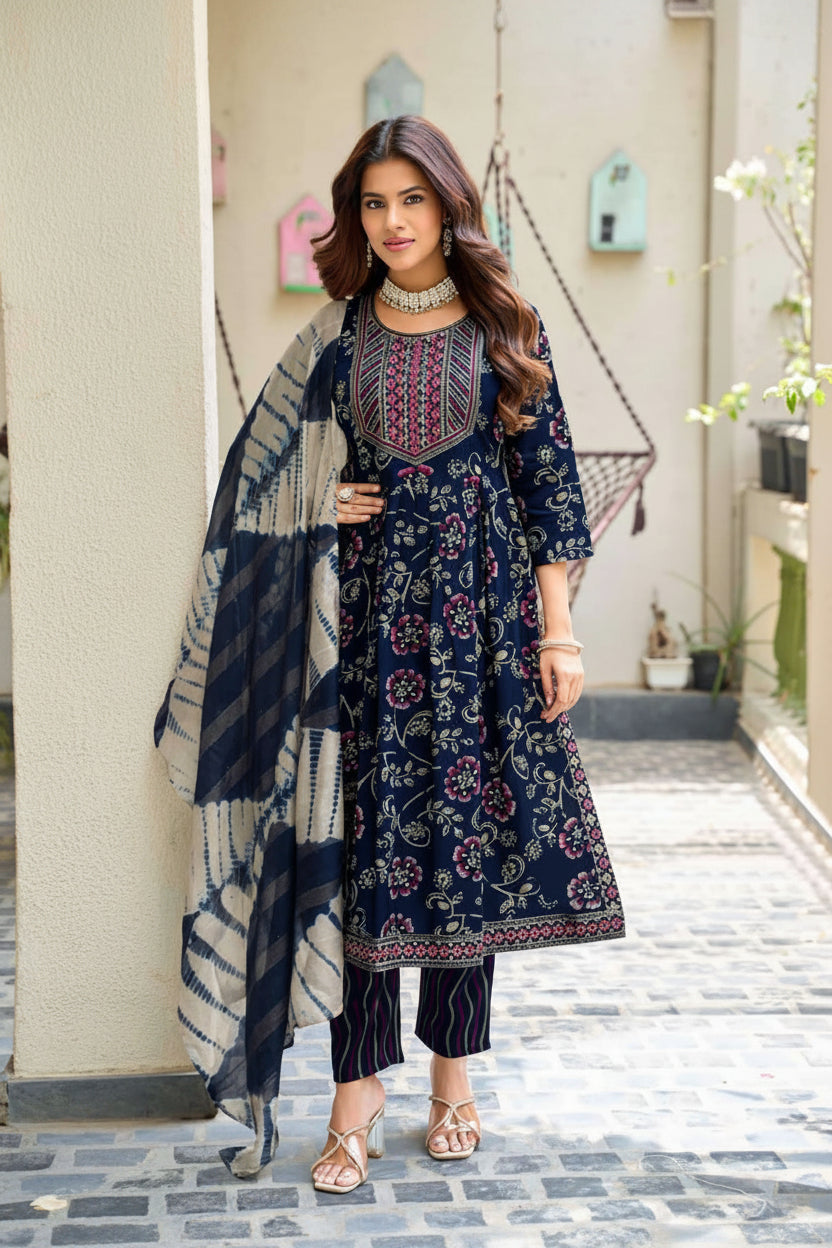 Black Beauty Beige Cream Printed Anarkali Rayon Kurti Pant Dupatta Set