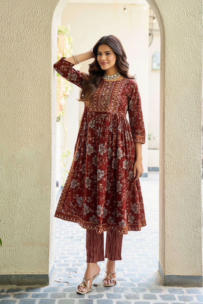 Black Beauty Deep Maroon Floral Anarkali Rayon Kurti Pant Dupatta Set