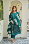 Black Beauty Teal Peacock Geometric Anarkali Rayon Kurti Pant Dupatta Set