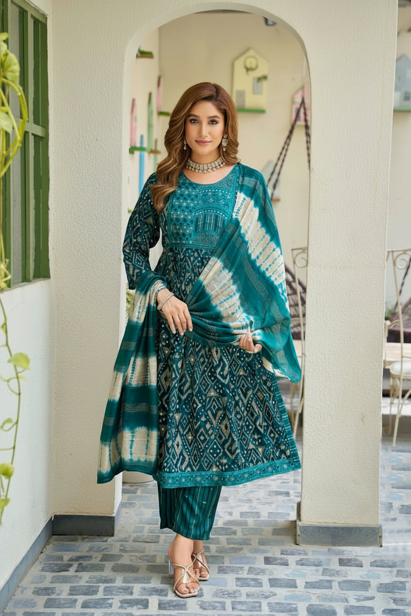 Black Beauty Teal Peacock Geometric Anarkali Rayon Kurti Pant Dupatta Set